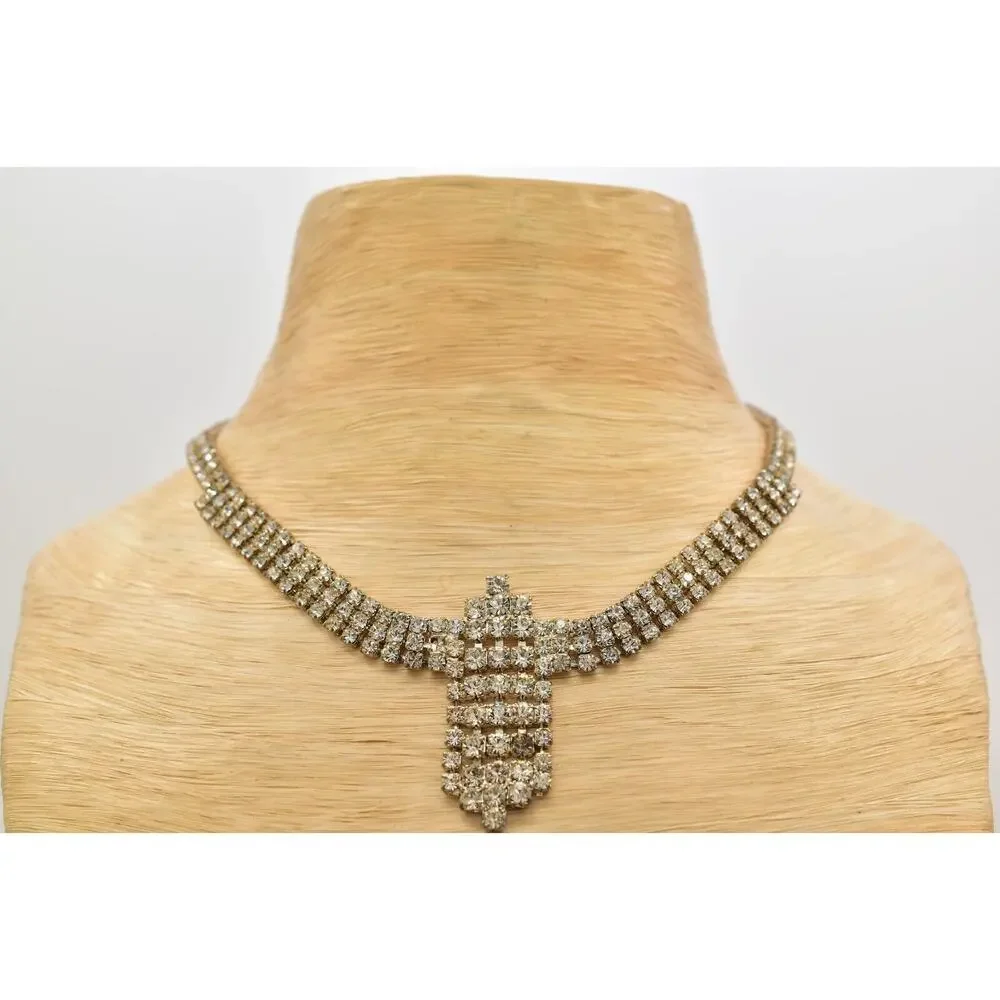Vintage Crystal Collar Choker Necklace Rhinestone Silver Chunky Glam 1980s BinBJ